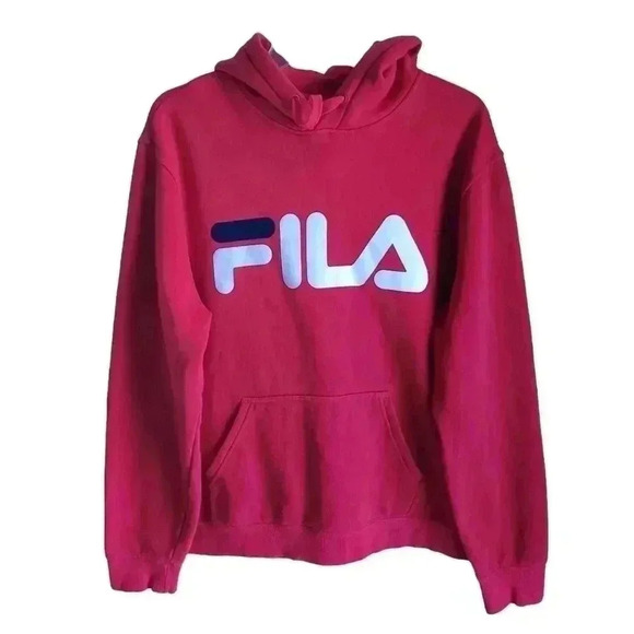 Fila Men’s L Red Pullover Hoodie Large Logo Sweatshirt Kangaroo Pocket - Picture 1 of 8